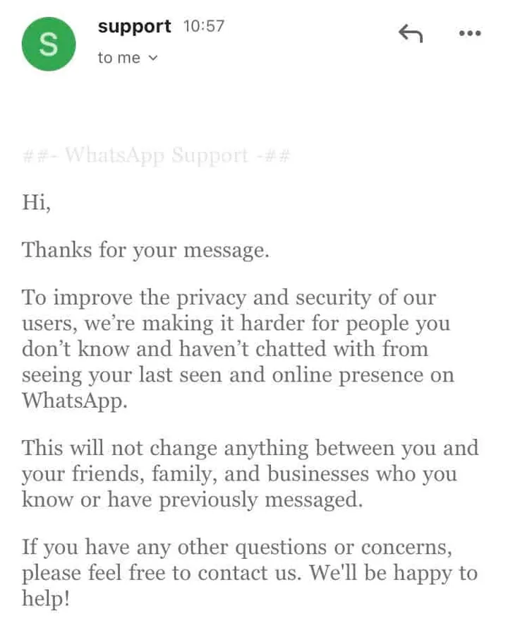 wa privacy third party apps customer support reply