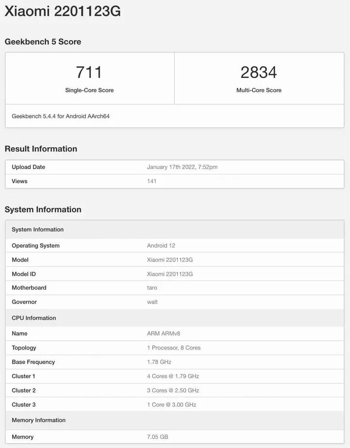 xiaomi 12 global variant geekbench