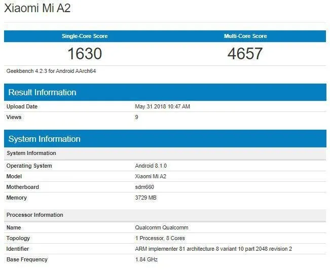 xiaomi mi a2 geekbench