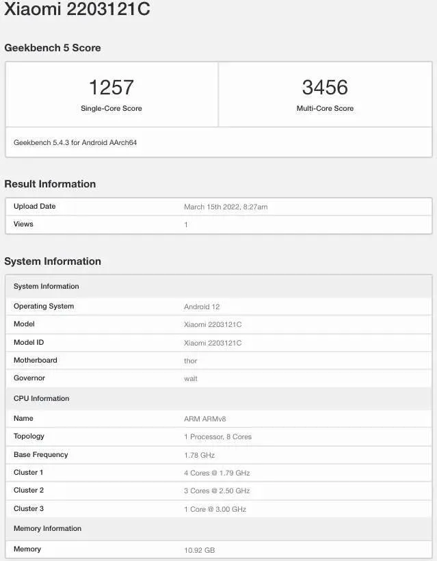 xiaomi mix 5 geekbench listing