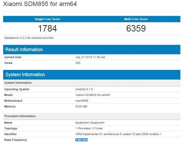 xiaomi sd855 geekbench