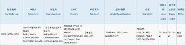 xiaomi tv 3c approval china