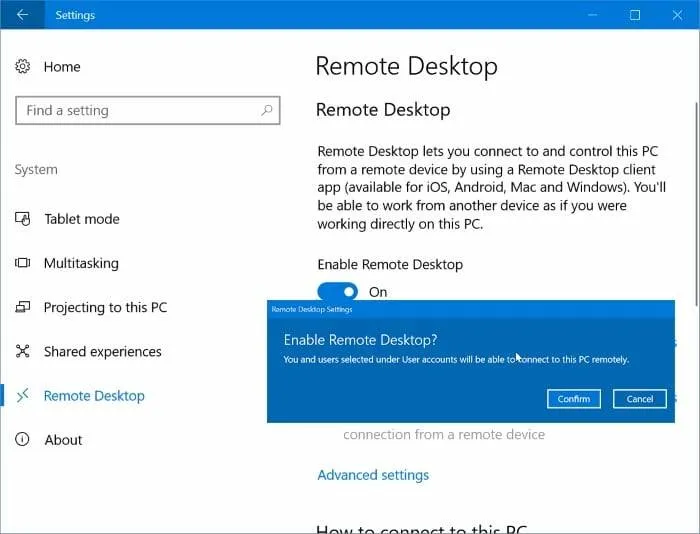 enable remote desktop