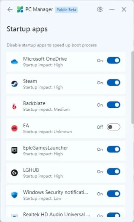 pc manager startup apps
