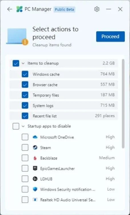 pc manager storage cleaning