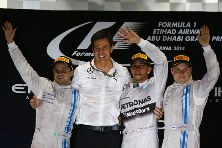 Felipe Massa and Valtteri Bottas celebrate a Williams double podium at the 2014 Abu Dhabi Grand Prix