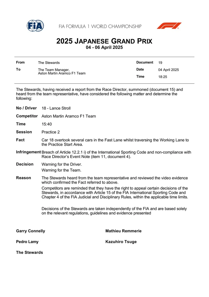 Stewards reach verdict on Stroll at Suzuka