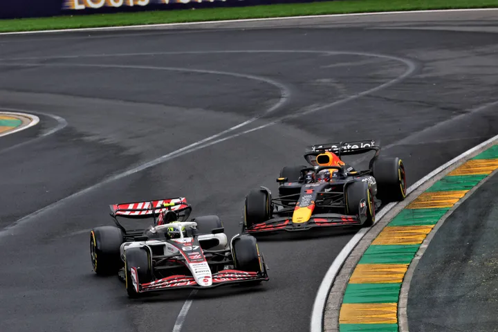 Oliver Bearman comes out ahead of Max Verstappen during Safety Car perior in the Australian Grand Prix