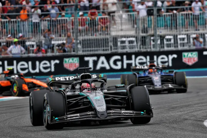 George Russell driving the W16 in the Miami Grand Prix