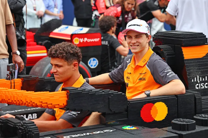 Oscar Piastri and Lando Norris in Lego F1 car