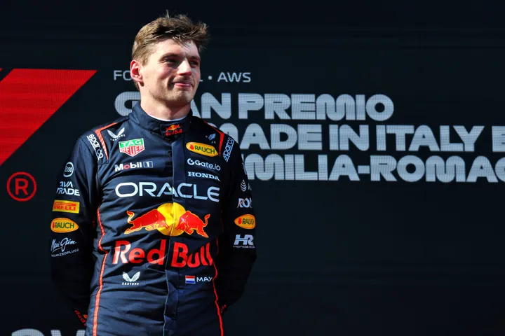 Verstappen on the podium in Imola after taking his second win of the season.