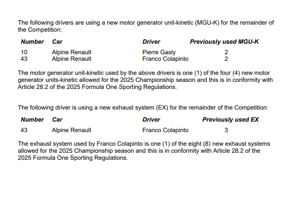FIA document met nieuwe motoronderdelen voor Colapinto (deel 2)