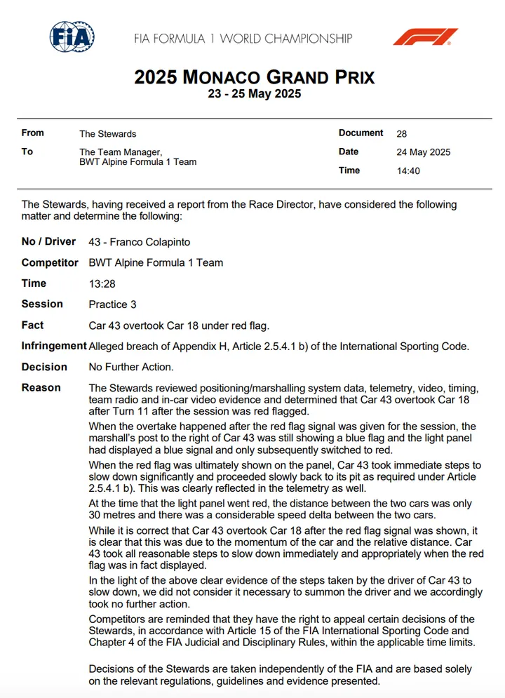 De beslissing van de stewards in Monaco
