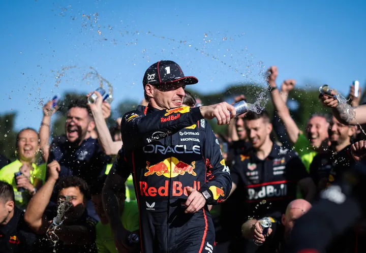 Max Verstappen celebrates his victory in Imola with Red Bull Racing