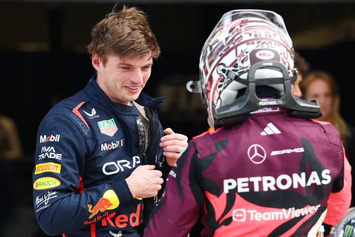 Red Bull Racing's Max Verstappen and Mercedes' Andrea Kimi Antonelli at Parc Fermé in Miami.