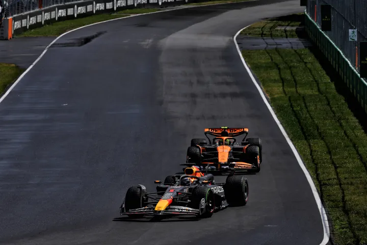 Verstappen won in Canada in 2024, ahead of Lando Norris in a rain race.