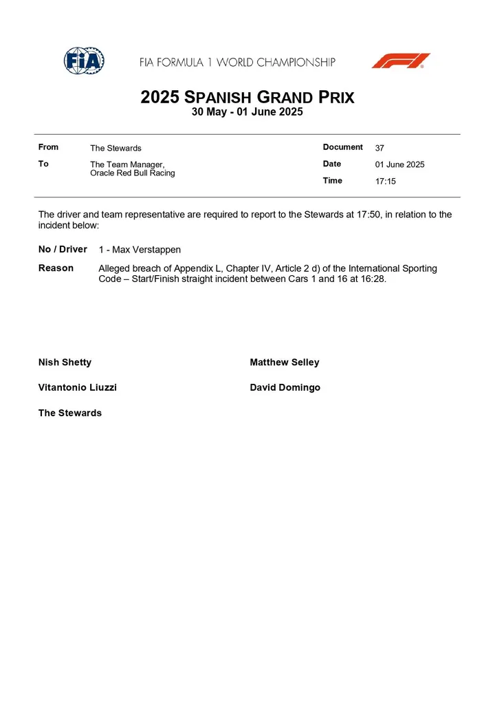 doc 37 2025 spanish grand prix summons car 1 allegedly caused a collision with car 16 page 0001