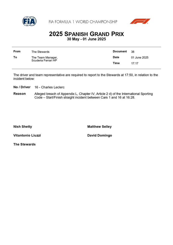 doc 38 2025 spanish grand prix summons car 16 alleged collision with car 1 page 0001