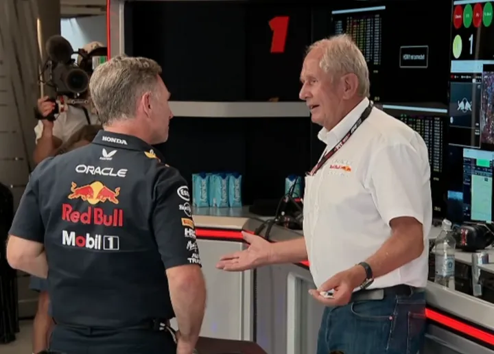 Christian Horner en Helmut Marko na afloop van de Grand Prix van Oostenrijk