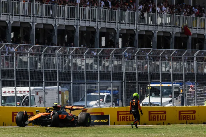 Lando Norris walks away from his stricken McLaren