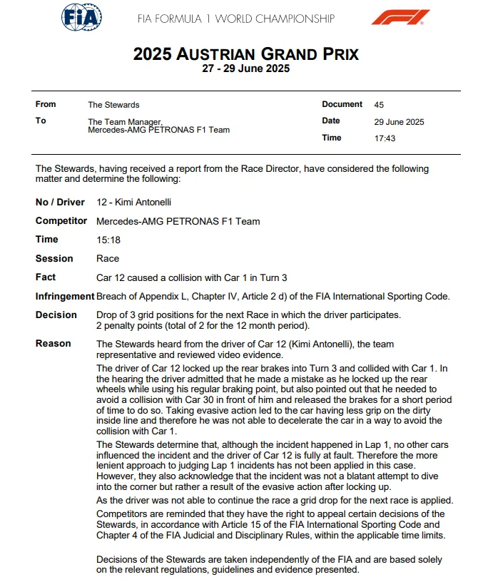 Officiële verklaring van stewards over crash Verstappen en Antonelli in Oostenrijk