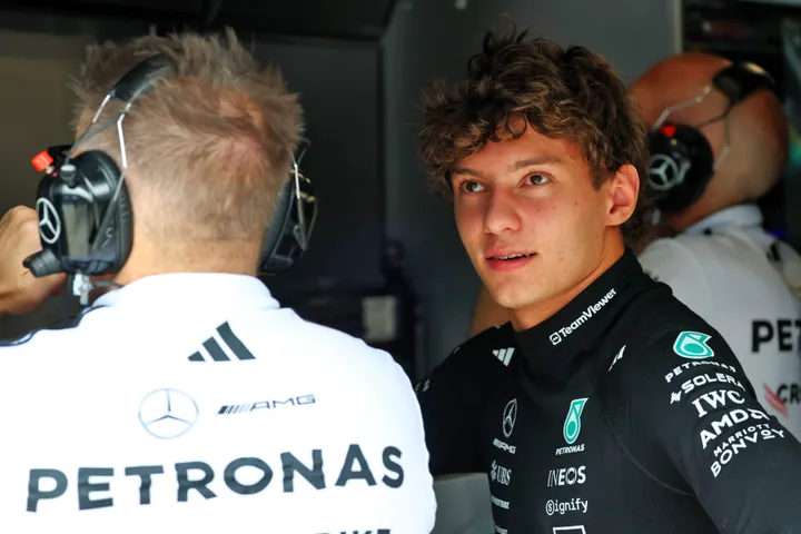Kimi Antonelli in the Mercedes garage
