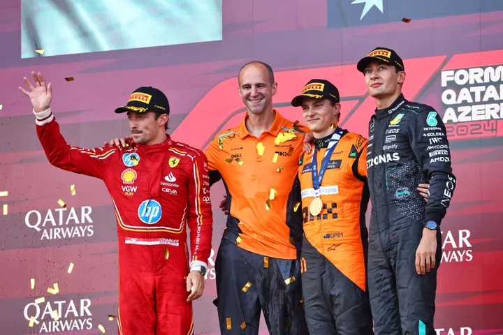 Charles Leclerc, Oscar Piastri und George Russell auf dem Podium während des Großen Preises von Aserbaidschan 2024. Bilder: Rennbilder