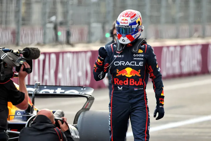 Max Verstappen celebrates Baku pole. Photo: RacePictures.
