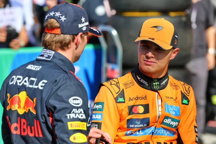 Max Verstappen and Lando Norris, McLaren and Red Bull. Photo: RacePictures