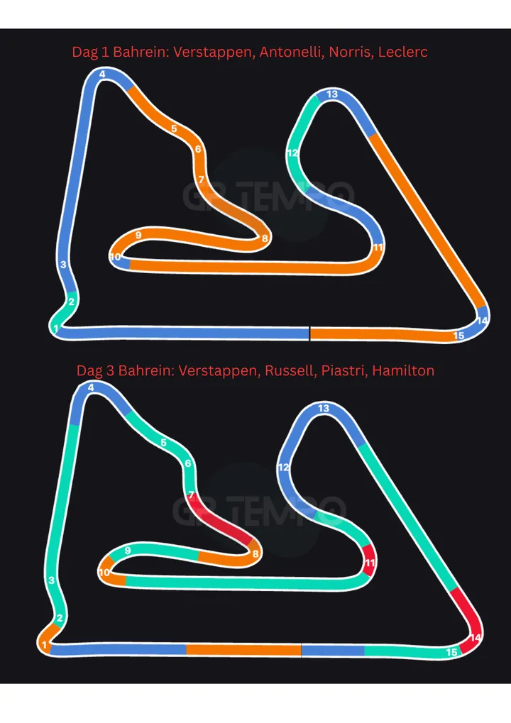Dag 1 Bahrein Verstappen, Antonelli, Norris, Leclerc