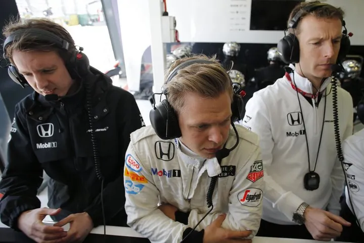 Kevin Magnussen in the garage.
