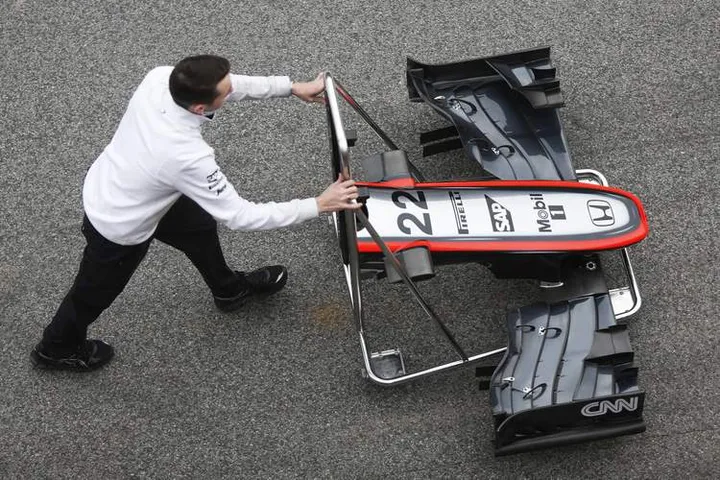 2015 F1 Pre Season Test 2 - Day 3 Circuit de Catalunya, Barcelona, Spain. Saturday 21 February 2015. McLaren MP4-30 Honda front wing World Copyright: Sam Bloxham/LAT Photographic. ref: Digital Image _14P9503