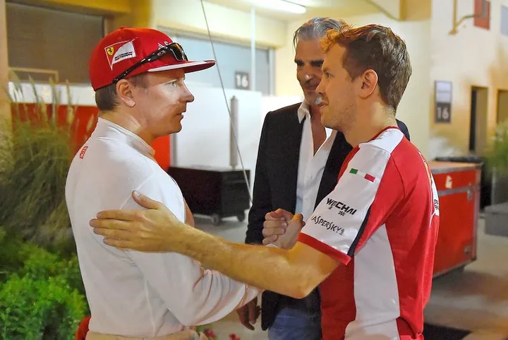 Raikkonen Vettel Arrivabene Bahrain Ferrari