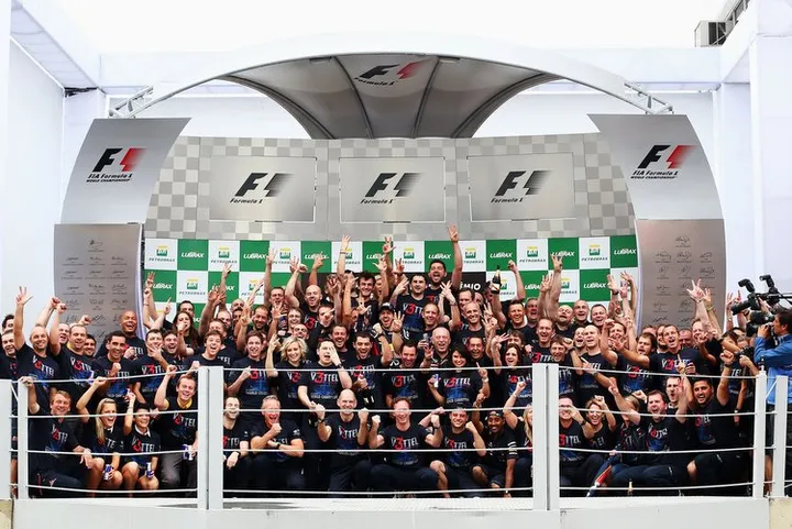 GEPA-25111299032 - FORMULA 1 - Grand Prix of Brazil, Interlagos. Image shows the rejoicing of Sebastian Vettel (GER/ Red Bull Racing) with teammates. Keywords: world champion, award ceremony, podium. Photo: Getty Images/ Paul Gilham - For editorial use only. Image is free of charge