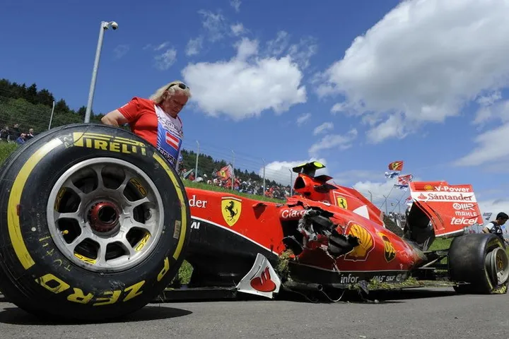 The race car of Finnish Ferrari driver Kimi Raikkonen after his crash during the Formula One Grand Prix of Austria in Spielberg, Austria, 21 June 2015.