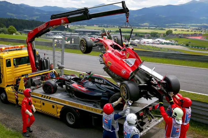 Alonso Raikkonen accident during the Formula One Grand Prix of Austria at Red Bull Ring on June 21, 2015 in Spielberg, Austria.