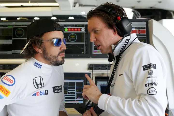 Fernando Alonso in the garage.