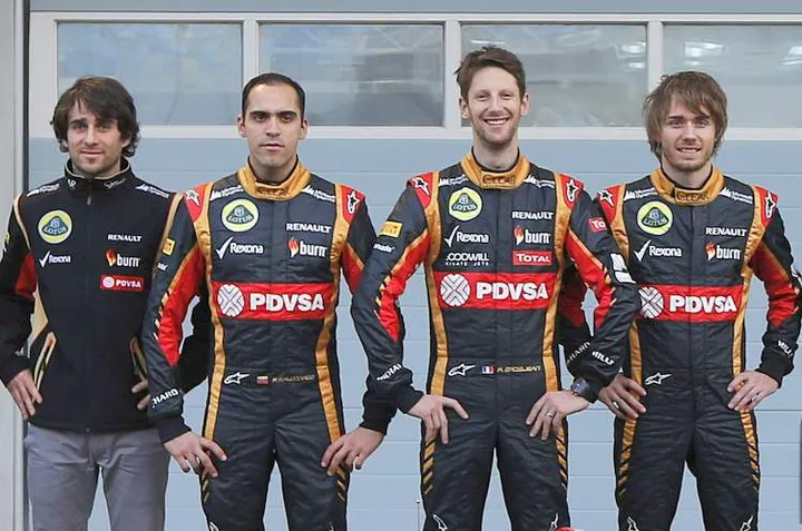  Lotus F1, Nicolas Prost, Development Driver, Lotus F1, Pastor Maldonado, Lotus F1, Romain Grosjean, Lotus F1, Charles Pic, Lotus F1, Marco Sorensen, Lotus F1, Matthew Carter, CEO, Lotus F1. World Copyright: Andrew Ferraro/LAT Photographic. ref: Digital Image _79P1866