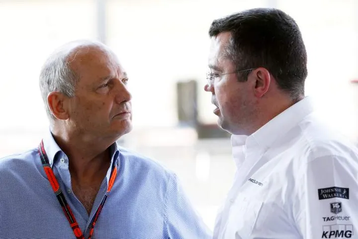 Ron Dennis, Executive Chairman, McLaren Automotive with Eric Boullier, Racing Director, McLaren.
