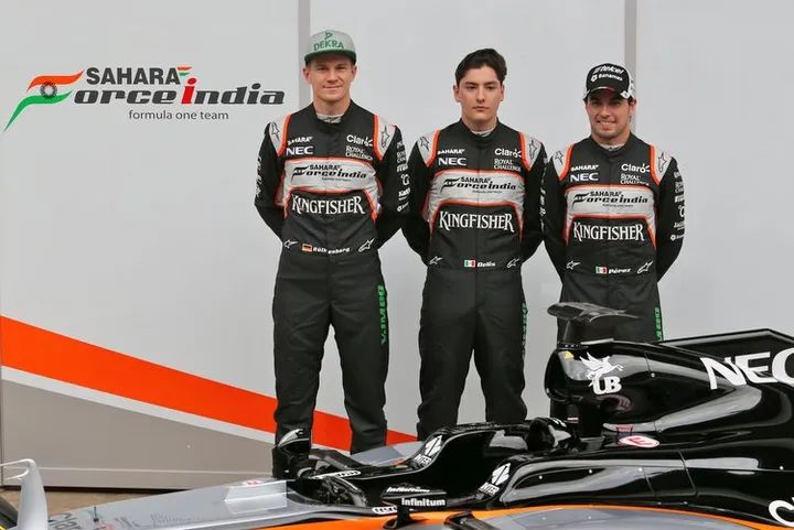 Hulkenberg (GER) Sahara Force India F1 with Alfonso Celis Jr (MEX) Sahara Force India F1 Development Driver and Sergio Perez (MEX) Sahara Force India F1