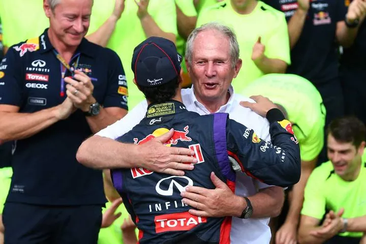 MONTREAL, QC - JUNE 08:  Racewinner Daniel Ricciardo of Australia and Infiniti Red Bull Racing celebrates with Dr Helmut Marko the Red Bull Motorsport Consultant following his first Grand Prix victory during the Canadian Formula One Grand Prix at Circuit Gilles Villeneuve on June 8, 2014 in Montreal, Canada.  (Photo by Mark Thompson/Getty Images) *** Local Caption *** Daniel Ricciardo;Dr Helmut Marko