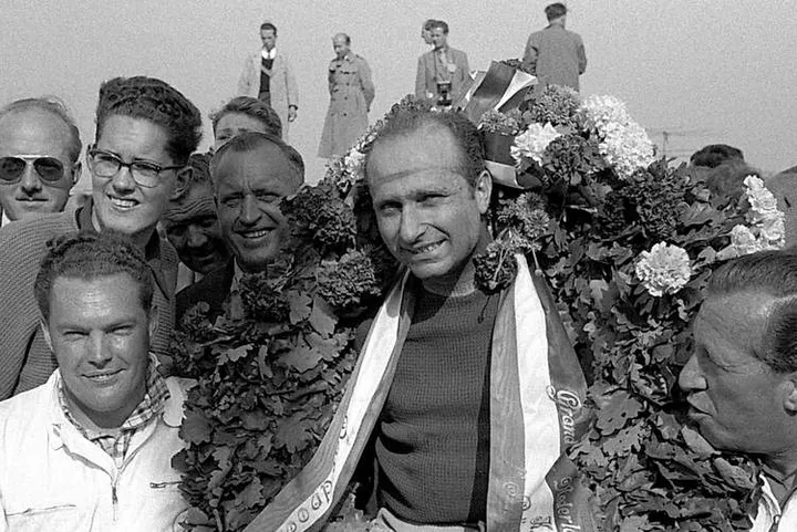 Juan Manuel Fangio, the winner of the Dutch Grand Prix, Zandvoort, June 19, 1955.