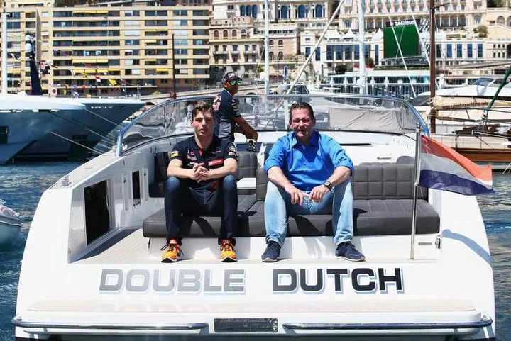 MONTE-CARLO, MONACO - MAY 22: Max Verstappen of Netherlands and Scuderia Toro Rosso and his father Jos Verstappen are seen on a boat in the harbour during previews to the Monaco Formula One Grand Prix at Circuit de Monaco on May 22, 2015 in Monte-Carlo, Monaco. (Photo by Mark Thompson/Getty Images) *** Local Caption *** Max Verstappen; Jos Verstappen