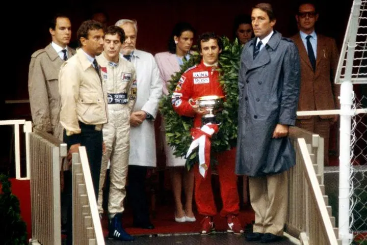 (L to R) Ayrton Senna (BRA) 2nd place. Winner Alain Prost (FRA) Monaco GP, Monte Carlo, 3 June 1984