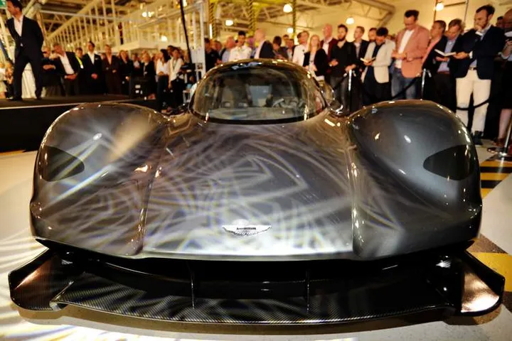 GAYDON, ENGLAND - JULY 05: The front of the AM-RB 001 at the Aston Martin and Red Bull Racing Project AMRB 001 Unveil on July 5, 2016 at the Aston Martin Headquarters in Gaydon, England on July 5, 2016 in Gaydon, England. (Photo by Mark Thompson/Getty Images) // P-20160705-07145 // Usage for editorial use only // Please go to www.redbullcontentpool.com for further information. //