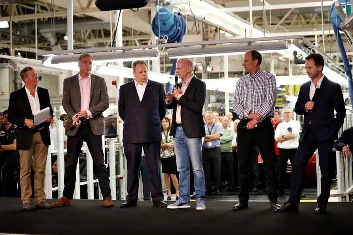 GAYDON, ENGLAND - JULY 05: Adrian Newey, the Chief Technical Officer of Red Bull Racing talks on stage with Red Bull Racing Team Principal Christian Horner, David King- Vice President &amp;amp; Chief Special Operations Officer, Aston Martin Lagonda Ltd, Andy Palmer- President &amp;amp; Chief Executive Officer, Aston Martin Lagonda Ltd, Marek Reichman- Executive Vice President &amp;amp; Chief Creative Officer, Aston Martin Lagonda Ltd and Martin Brundle at the Aston Martin and Red Bull Racing Project AMRB 001 Unveil on July 5, 2016 at the Aston Martin Headquarters in Gaydon, England on July 5, 2016 in Gaydon, England. (Photo by Mark Thompson/Getty Images) // P-20160705-07164 // Usage for editorial use only // Please go to www.redbullcontentpool.com for further information. //