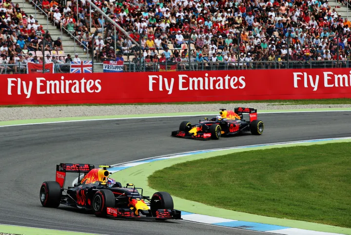 HOCKENHEIM, GERMANY - JULY 31: Max Verstappen of the Netherlands driving the (33) Red Bull Racing Red Bull-TAG Heuer RB12 TAG Heuer leads Daniel Ricciardo of Australia driving the (3) Red Bull Racing Red Bull-TAG Heuer RB12 TAG Heuer on track during the Formula One Grand Prix of Germany at Hockenheimring on July 31, 2016 in Hockenheim, Germany.  (Photo by Charles Coates/Getty Images) // Getty Images / Red Bull Content Pool  // P-20160731-00701 // Usage for editorial use only // Please go to www.redbullcontentpool.com for further information. //