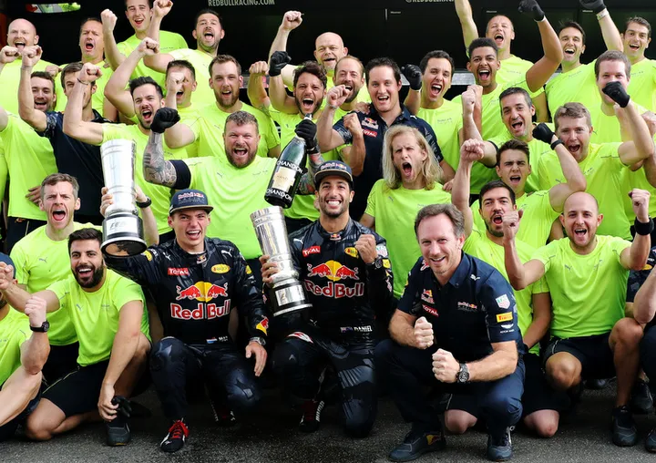 HOCKENHEIM, GERMANY - JULY 31: Daniel Ricciardo of Australia and Red Bull Racing, Max Verstappen of Netherlands and Red Bull Racing and the Red Bull Racing team celebrate after the Formula One Grand Prix of Germany at Hockenheimring on July 31, 2016 in Hockenheim, Germany. (Photo by Mark Thompson/Getty Images) // Getty Images / Red Bull Content Pool // P-20160731-00975 // Usage for editorial use only // Please go to www.redbullcontentpool.com for further information. //
