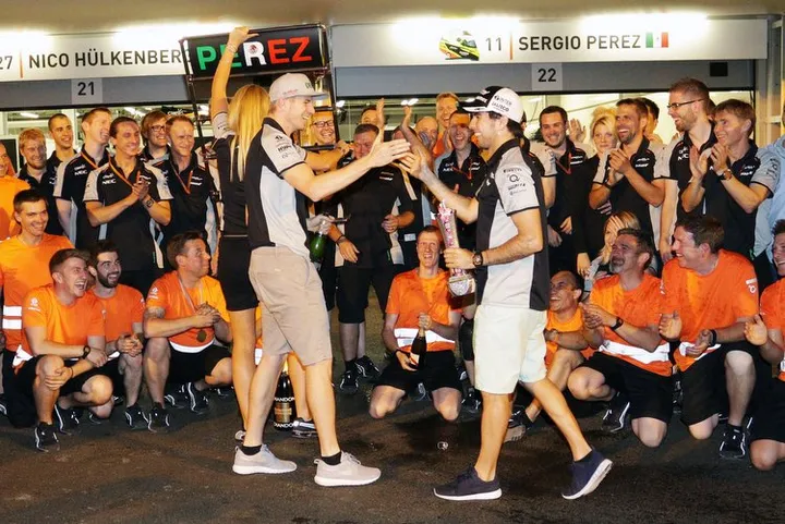 Sergio Perez (MEX) Sahara Force India F1 celebrates his third position with team mate Nico Hulkenberg (GER) Sahara Force India F1 and the team.European Grand Prix, Sunday 19th June 2016. Baku City Circuit, Azerbaijan.