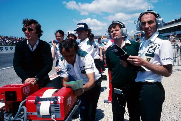 The Williams team study lap times from the Heuer Centigraph (L to R): Jeff Hazell (GBR) Williams Team Manager; Charles Crichton-Stuart (GBR) Williams Sponsorship Co-Ordinator; Patrick Head (GBR) Williams Technical Director; Frank Williams (GBR) Williams Team Owner. Formula One World Championship, Rd7, French Grand Prix, Paul Ricard, France, 29 June 1980. BEST IMAGE